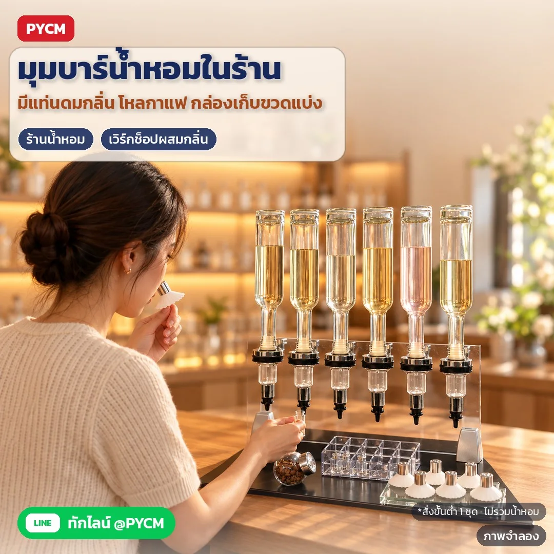ภาพจำลองด้วย AI (ภาพประกอบ ไม่ใช่ภาพถ่ายจริง): ตัวอย่างการใช้งาน: มุมบาร์น้ำหอมในร้าน/เวิร์กช็อปผสมกลิ่น ในชุดมีแท่นดมกลิ่น โหลกาแฟ และกล่องใสเก็บขวดแบ่ง สั่งขั้นต่ำ 1 ชุด (ไม่รวมน้ำหอม)