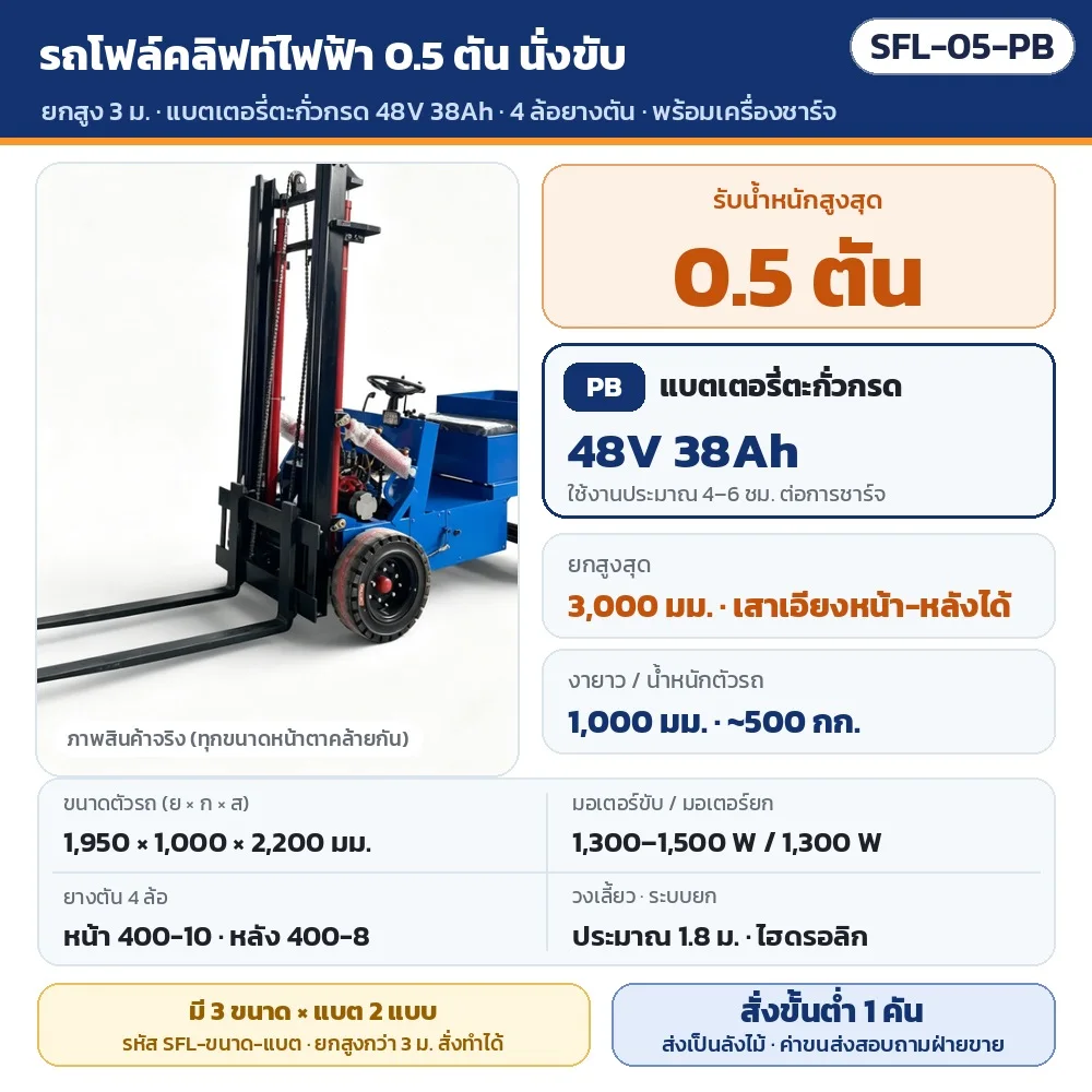 SFL-05-PB รถโฟล์คลิฟท์ไฟฟ้า 4 ล้อ แบบนั่งขับ รับน้ำหนัก 0.5 ตัน ยกสูง 3,000 มม. แบตเตอรี่ตะกั่วกรด 48V 38Ah ใช้งานประมาณ 4–6 ชม./ชาร์จ · พร้อมเครื่องชาร์จ · สั่งขั้นต่ำ 1 คัน