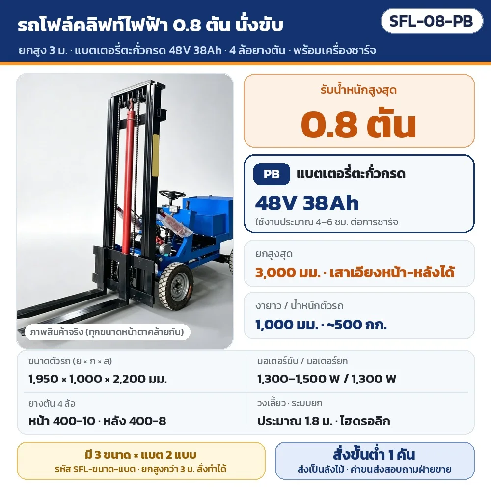 SFL-08-PB รถโฟล์คลิฟท์ไฟฟ้า 4 ล้อ แบบนั่งขับ รับน้ำหนัก 0.8 ตัน ยกสูง 3,000 มม. แบตเตอรี่ตะกั่วกรด 48V 38Ah ใช้งานประมาณ 4–6 ชม./ชาร์จ · พร้อมเครื่องชาร์จ · สั่งขั้นต่ำ 1 คัน