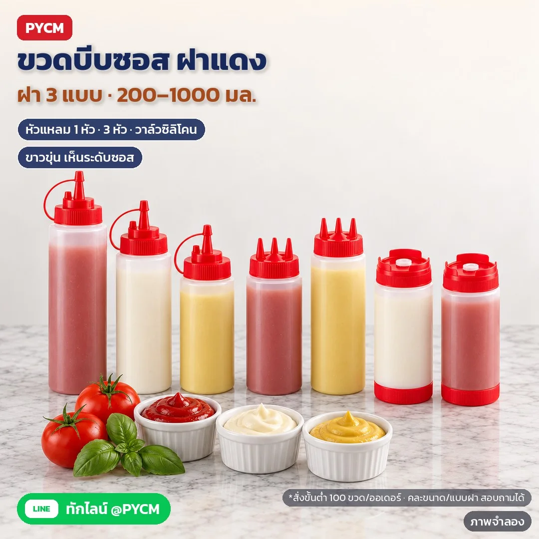 ขวดบีบซอสพลาสติก ฝาแดง 3 แบบ หัวแหลม 1 หัว / ฝา 3 หัว / วาล์วซิลิโคน 200–1000 มล. สำหรับซอสมะเขือเทศ มายองเนส น้ำสลัด (13 ตัวเลือก SQZ)