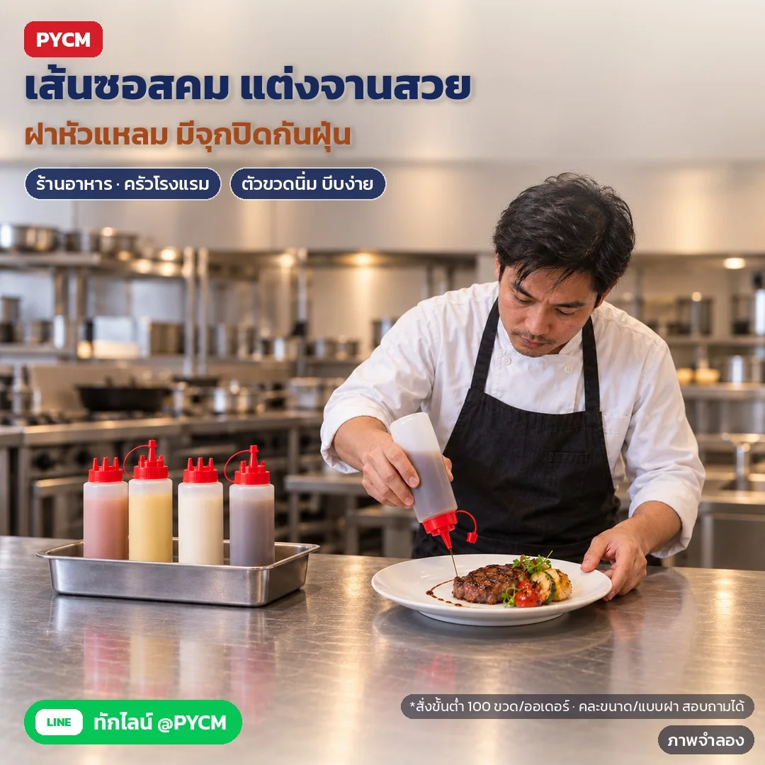 ภาพจำลองด้วย AI (ภาพประกอบ ไม่ใช่ภาพถ่ายจริง): ตัวอย่างการใช้งาน: ครัวร้านอาหาร บีบซอสแต่งจานด้วยฝาหัวแหลม 1 หัว เส้นเล็กแม่นยำ มีจุกปิดกันฝุ่น ตัวขวดนิ่ม บีบง่าย สั่งขั้นต่ำ 100 ขวดต่อออเดอร์ คละขนาด/แบบฝาสอบถามฝ่ายขาย