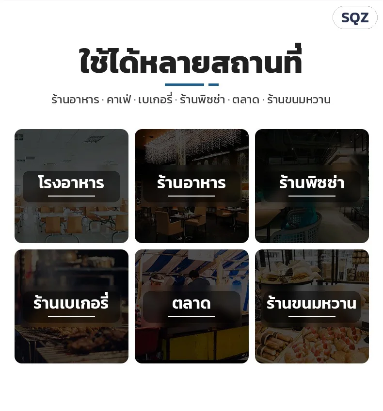 ใช้ได้หลายสถานที่: โรงอาหาร · ร้านอาหาร · ร้านพิซซ่า · ร้านเบเกอรี่ · ตลาด · ร้านขนมหวาน