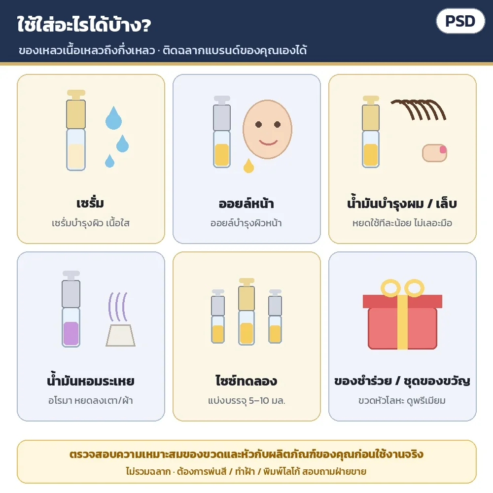 ใช้ใส่อะไรได้บ้าง: เซรั่ม · ออยล์หน้า · น้ำมันบำรุงผม/เล็บ · น้ำมันหอมระเหย · ไซซ์ทดลอง · ของชำร่วย (ตรวจความเหมาะสมกับผลิตภัณฑ์ของคุณก่อนใช้)