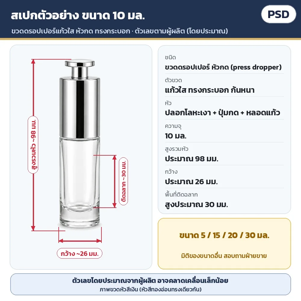 สเปกตัวอย่างขนาด 10 มล. (ตามผู้ผลิต โดยประมาณ): สูงรวมหัวประมาณ 98 มม. · กว้างประมาณ 26 มม. · พื้นที่ติดฉลากสูงประมาณ 30 มม. · มิติของขนาดอื่น สอบถามฝ่ายขาย