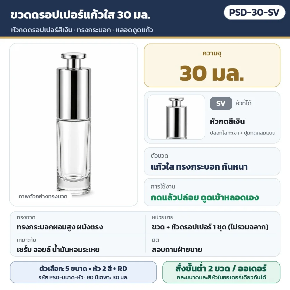 PSD-30-SV ขวดดรอปเปอร์แก้วใส ทรงกระบอก ขนาด 30 มล. พร้อมหัวกดดรอปเปอร์สีเงิน (กดแล้วปล่อย ดูดเข้าหลอดเอง) · หลอดดูดแก้ว · ขวด + หัว 1 ชุด (ไม่รวมฉลาก) · สั่งขั้นต่ำ 2 ขวดต่อออเดอร์ คละขนาด/สีหัวได้