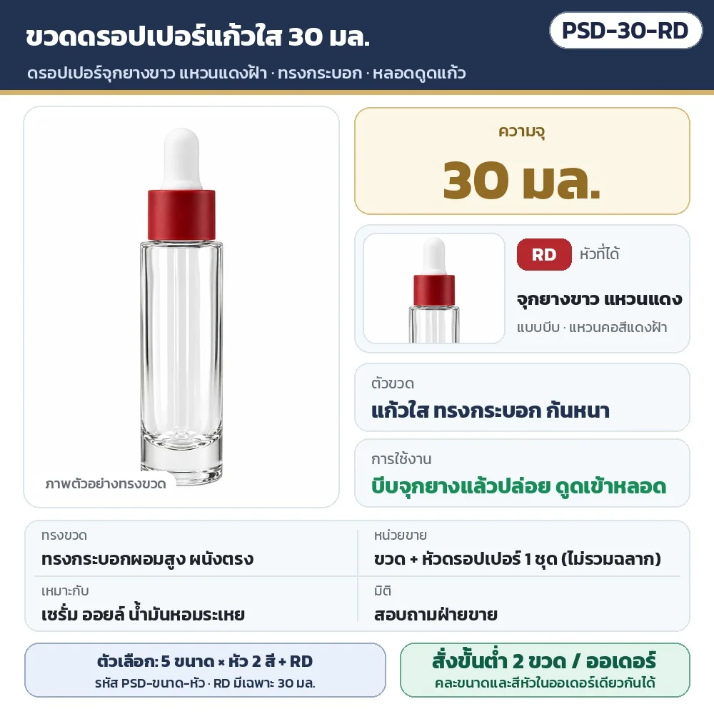 PSD-30-RD ขวดดรอปเปอร์แก้วใส ทรงกระบอก ขนาด 30 มล. พร้อมดรอปเปอร์จุกยางขาว แหวนแดงฝ้า (แบบบีบ) · หลอดดูดแก้ว · ขวด + หัว 1 ชุด (ไม่รวมฉลาก) · สั่งขั้นต่ำ 2 ขวดต่อออเดอร์ คละขนาด/สีหัวได้