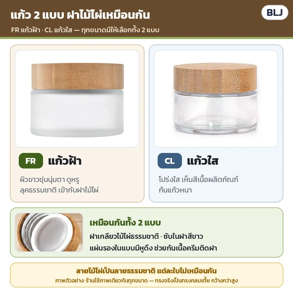 แก้ว 2 แบบ ฝาไม้ไผ่เหมือนกัน: FR แก้วฝ้า ผิวขาวขุ่นนุ่มตา · CL แก้วใส เห็นสีเนื้อผลิตภัณฑ์ · ฝาเกลียวไม้ไผ่ ซับในสีขาว พร้อมแผ่นรองในแบบมีหูดึง · ลายไม้แต่ละใบไม่เหมือนกัน