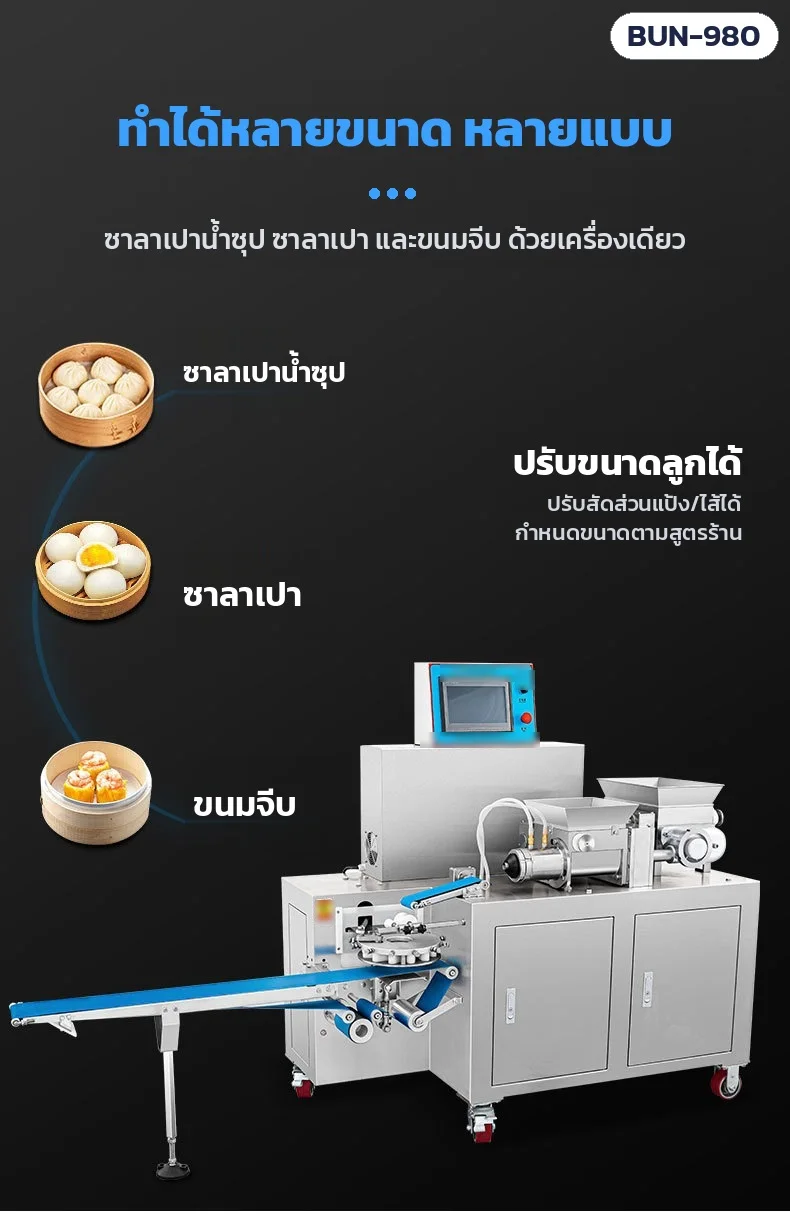 BUN-980 ทำได้หลายขนาดหลายแบบ: ซาลาเปาน้ำซุป ซาลาเปา และขนมจีบ ปรับสัดส่วนแป้ง/ไส้ได้