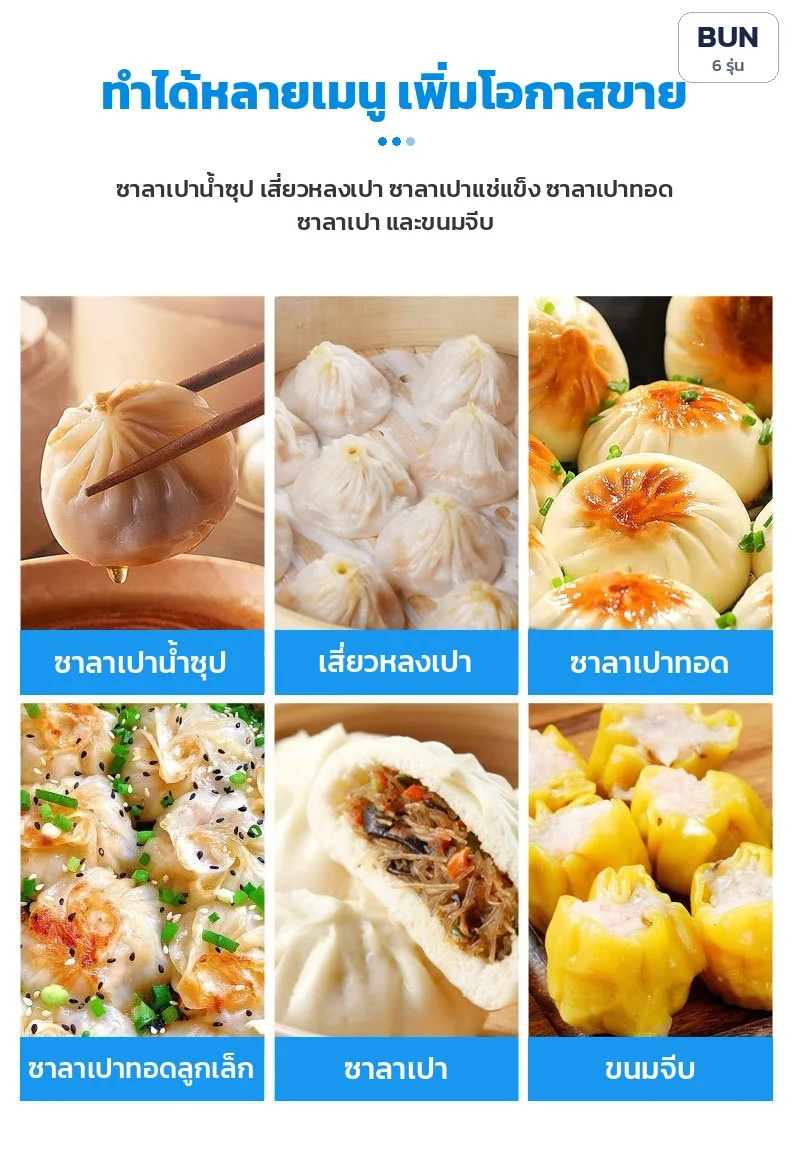 ทำได้หลายเมนู เพิ่มโอกาสขาย: ซาลาเปาน้ำซุป · เสี่ยวหลงเปา · ซาลาเปาทอด · ซาลาเปาทอดลูกเล็ก · ซาลาเปา · ขนมจีบ