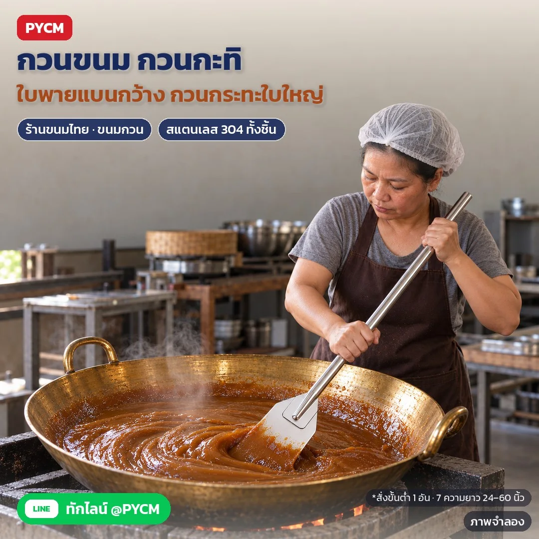 ภาพจำลองด้วย AI (ภาพประกอบ ไม่ใช่ภาพถ่ายจริง): ตัวอย่างการใช้งาน: ร้านขนมไทย กวนขนมกวน/กะทิในกระทะใบใหญ่ ใบพายแบนกว้าง ด้ามยาว สแตนเลส 304 (ตามผู้ผลิต) ทั้งชิ้น 7 ความยาว 24–60 นิ้ว สั่งขั้นต่ำ 1 อัน