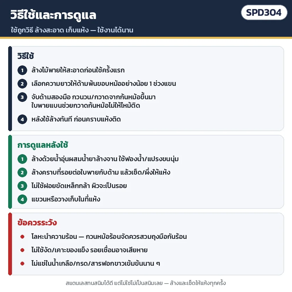 วิธีใช้และการดูแล: ล้างก่อนใช้ครั้งแรก · กวนจากก้นหม้อขึ้นมา · ล้างด้วยน้ำอุ่นผสมน้ำยาล้างจาน เช็ดให้แห้ง · ไม่ใช้ฝอยขัดเหล็กกล้า · กวนหม้อร้อนจัดควรสวมถุงมือกันร้อน · ไม่แช่น้ำเกลือ/กรด/สารฟอกขาวนาน ๆ