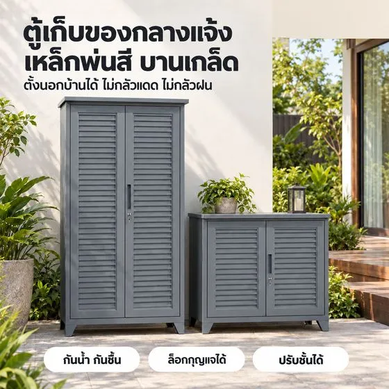 ตู้เก็บของกลางแจ้ง เหล็กพ่นสี บานเกล็ด